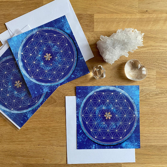 Fleur de vie bleue, d'après une oeuvre de l'artiste Mona Bessaa. Lot de 3 cartes. NAMO ART