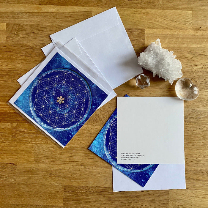 Fleur de vie bleue, d'après une oeuvre de l'artiste Mona Bessaa. Lot de 3 cartes. NAMO ART