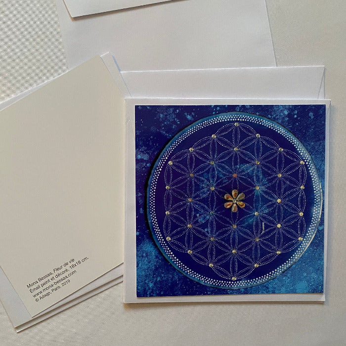Fleur de vie bleue, d'après une oeuvre de l'artiste Mona Bessaa. Lot de 3 cartes. NAMO ART